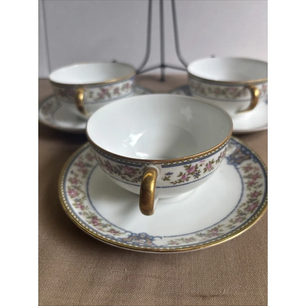 3 Sets Vintage Noritake Nippon China The Malay Cups & Saucers Blue Pink Flowers